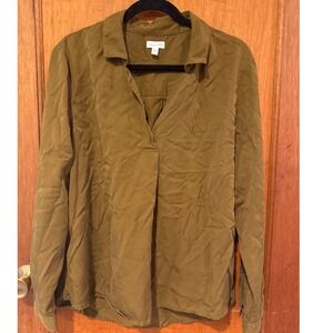 Garnet Hill blouse popover women's 14 button down brown *flaw* v-neck